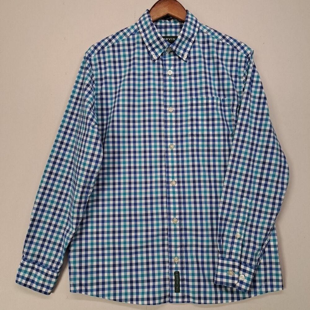 Orvis Nonstop Twill Active Fit Button Down Shirt Mens Medium Blue Check